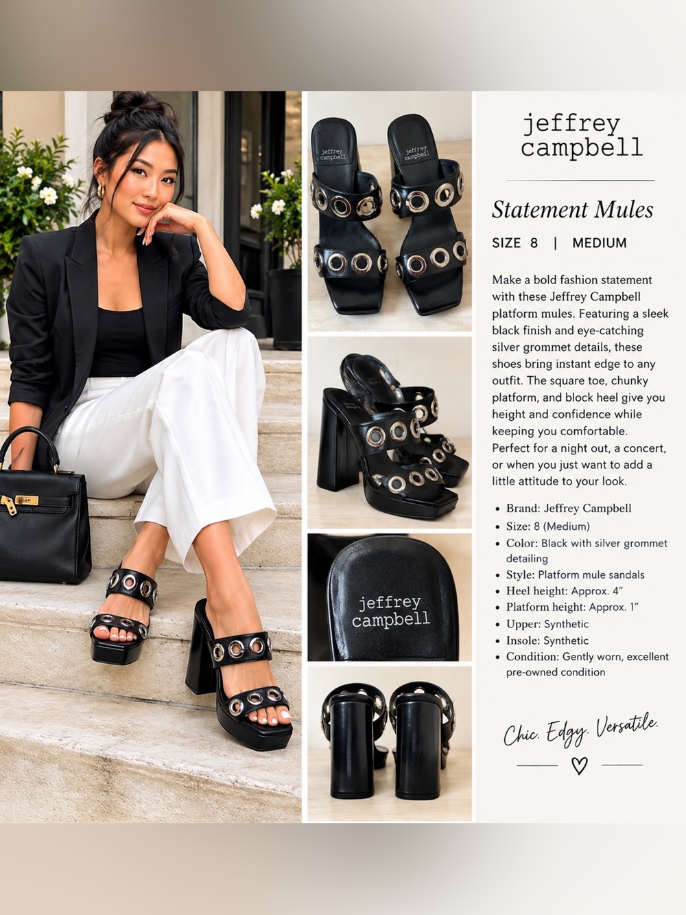 Jeffrey Campbell Black Platform Mules with Silver Grommets